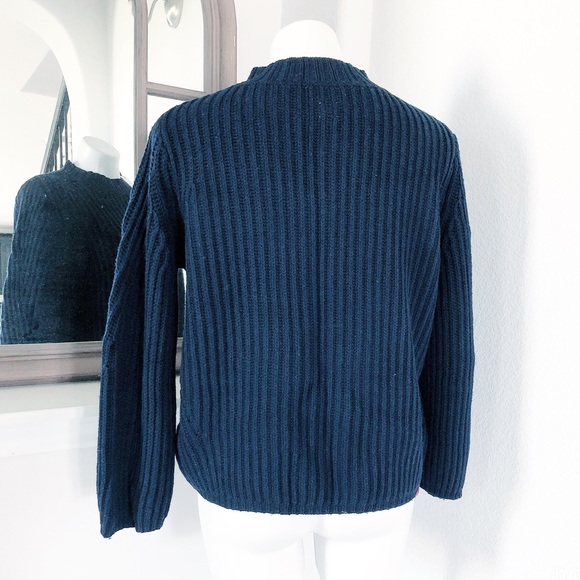 Rebecca Taylor Ribbed Navy Sweater Mock Neck Wool Blend Size L NWT $295 - Picture 4 of 9